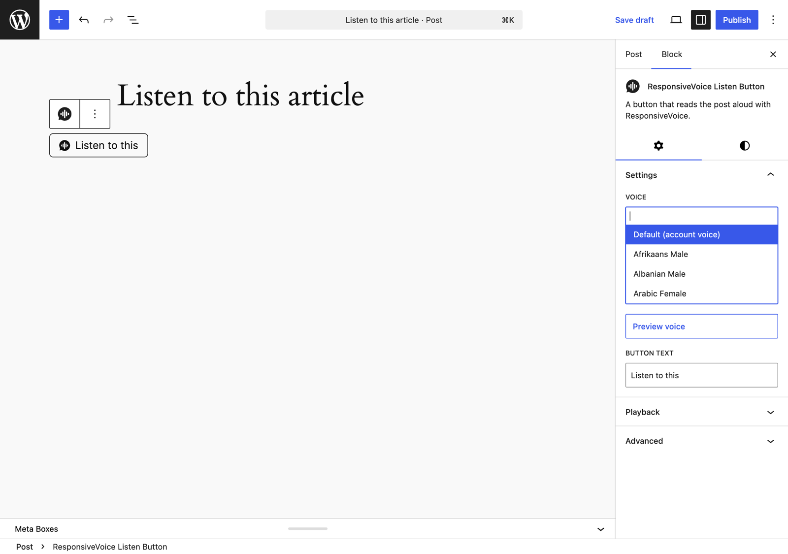 ResponsiveVoice Listen Button block in the WordPress editor