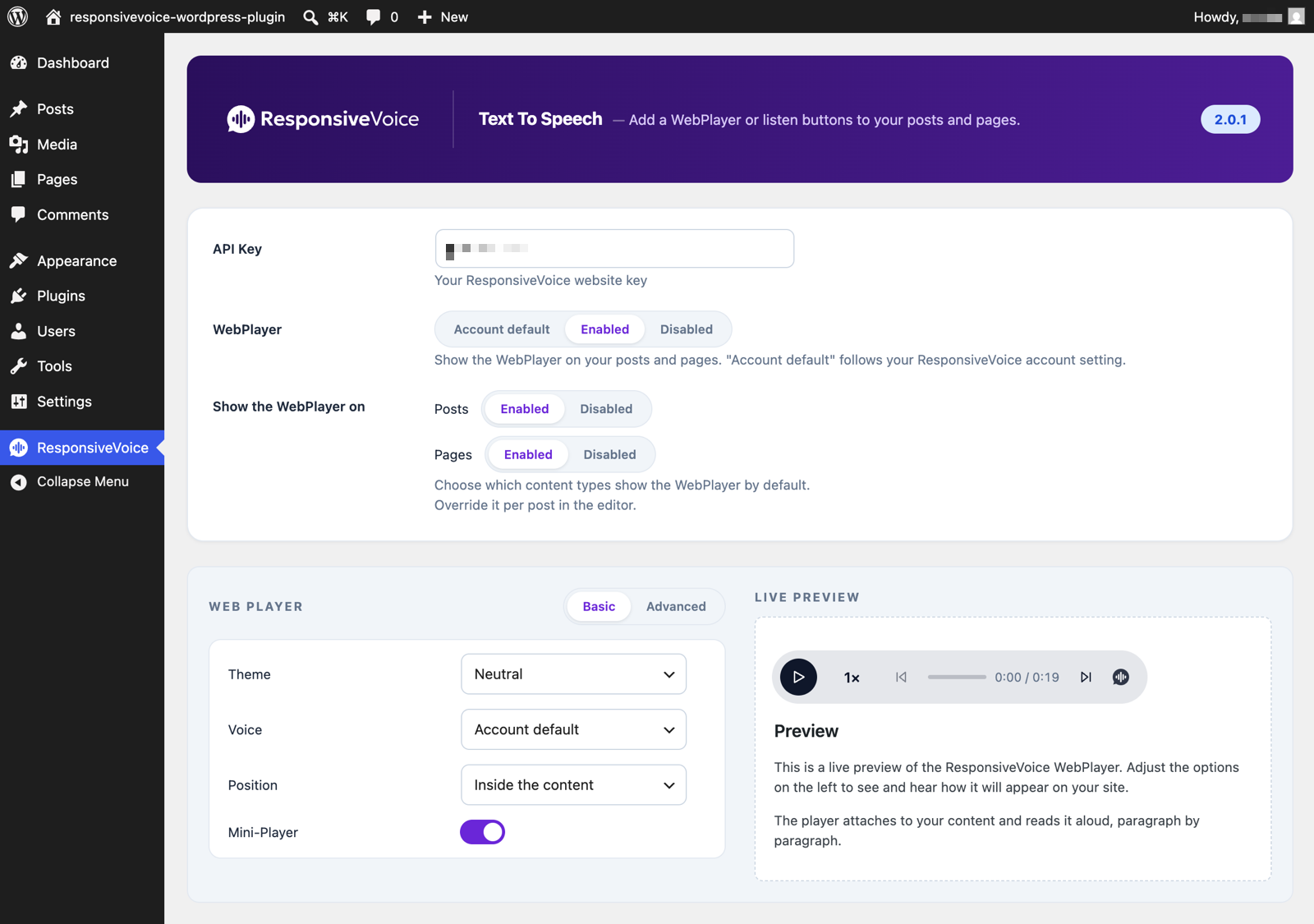ResponsiveVoice WebPlayer customizer in WordPress